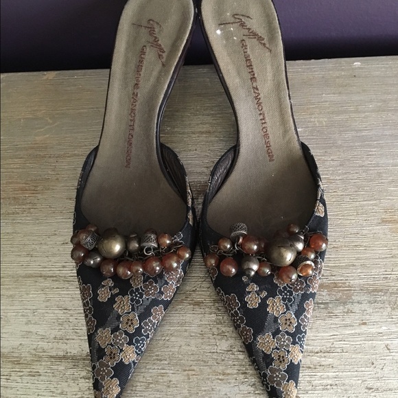 Giuseppe Zanotti Shoes - SOLD: Giuseppe Zanotti Vintage Kitten Heels Beaded Brocade Printed Mules size 7